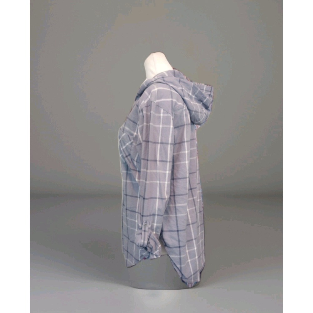 Columbia Jacket, Plaid Cotton Button Up Shirt Hoodie Women's M Purple Shacket - Picture 2 of 10